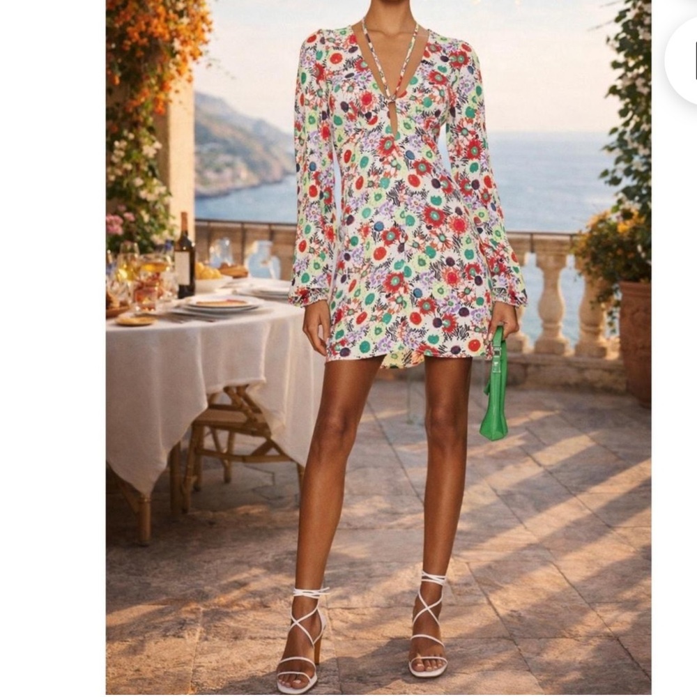 AFRM Floral Long Sleeve Tunic Dress in Red, Green, Purple, Yellow